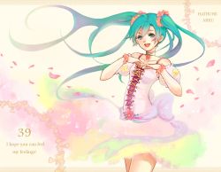 Rule 34 | 1girl, bad id, bad pixiv id, character name, choker, corset, dress, green eyes, green hair, hatsune miku, long hair, mamo (fortune-mm), matching hair/eyes, open mouth, petals, solo, twintails, very long hair, vocaloid