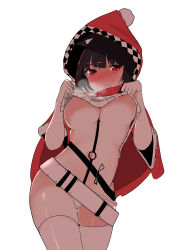 Rule 34 | 1girl, absurdres, animal ear fluff, animal ears, azur lane, bad id, bad pixiv id, belt, between breasts, black hair, blunt bangs, blush, breasts, cape, cat ears, commentary request, highres, hood, korean commentary, lifted by self, looking at viewer, navel, no bra, panties, red eyes, reva (seung-kwon lee), ribbed sweater, short hair, simple background, smile, sweater, thighhighs, underboob, underwear, white background, white panties, yamashiro (azur lane)