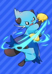Rule 34 | 1boy, absurdres, animal ears, animal feet, animal hands, animal nose, arm up, artist name, aura, beaver tail, black eyes, black fur, blue background, blue fur, blue theme, body fur, creatures (company), dewott, fangs, furry, furry male, game freak, gen 5 pokemon, highres, holding, holding shell, jumping, leg up, looking at viewer, male focus, minamo (pixiv17726065), nintendo, open mouth, outstretched arm, pokemon, pokemon (creature), seashell, shell, signature, simple background, solo, striped, striped background, tail, whiskers