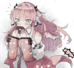 Rule 34 | 1girl, atelier live, collared shirt, doughnut, dragon girl, dragon horns, food, food in mouth, hair ribbon, highres, horns, kuzuryu io, long sleeves, looking at viewer, multiple horns, omochi chowder, pink hair, ribbon, shirt, solo, virtual youtuber, white background, wings