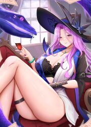 Rule 34 | 1girl, absurdres, alcohol, bare legs, black bra, black hat, blue dress, blue eyes, bra, breasts, cleavage, commentary, cup, dress, drinking glass, feet out of frame, hat, highres, holding, holding cup, honkai: star rail, honkai (series), indoors, jade (honkai: star rail), jewelry, knees up, large breasts, long hair, looking at viewer, necklace, pink hair, sitting, smile, snake, solo, thigh strap, thighs, two-tone dress, underwear, very long hair, white dress, window, wine, wine glass, yukarise