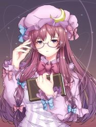 Rule 34 | 1girl, bespectacled, blue bow, book, bow, bowtie, breasts, commentary request, crescent, crescent hair ornament, dress, frilled shirt collar, frilled sleeves, frills, glasses, gradient background, hair bow, hair ornament, hand up, hat, hat bow, highres, holding, holding book, long hair, long sleeves, looking at viewer, medium breasts, mob cap, nyankomaou, parted lips, patchouli knowledge, pink bow, purple-framed eyewear, purple background, purple dress, purple eyes, purple hair, purple hat, sidelocks, solo, striped clothes, striped dress, touhou, upper body, vertical-striped clothes, vertical-striped dress, very long hair, wing collar