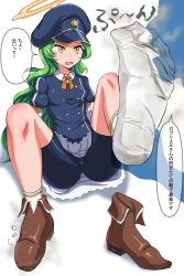 1girl absurdres ddrysuper feet gabriel_(monster_strike) green_hair hat highres long_hair military_hat monster_strike open_mouth shoes smell smelling socks soles steam translated unworn_shoes white_socks yellow_eyes