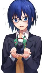 Rule 34 | 1boy, 1girl, back, black-framed eyewear, black hair, blue eyes, blue hair, blue jacket, blush, bouquet, bow, bowtie, ciel (tsukihime), collared shirt, commentary request, fingernails, flower, flying sweatdrops, glasses, green bow, green neckwear, hair between eyes, heart, herigaru (fvgyvr000), highres, holding, holding bouquet, in palm, jacket, long sleeves, looking at another, looking down, mini person, miniboy, open clothes, open jacket, open mouth, red flower, red rose, rose, school uniform, shirt, short hair, sidelocks, simple background, size difference, smile, teeth, tohno shiki, tsukihime, tsukihime (remake), upper body, upper teeth only, vest, white background, white shirt, yellow vest