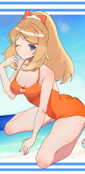 Rule 34 | 1girl, ;), alternate costume, bad id, bad pixiv id, bare arms, blonde hair, blue eyes, breasts, cleavage, closed mouth, commentary request, creatures (company), day, eyelashes, game freak, hair ribbon, hand up, long hair, looking at viewer, medium breasts, nintendo, okuro zmzm, one-piece swimsuit, one eye closed, orange one-piece swimsuit, orange ribbon, outdoors, pokemon, pokemon xy, ponytail, ribbon, sandals, serena (pokemon), smile, solo, swimsuit
