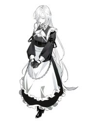Rule 34 | 1girl, absurdres, apron, bridge piercing, chain, closed mouth, commentary request, dress, full body, gloves, greyscale, half updo, high heels, highres, long hair, long sleeves, maid, maid apron, monochrome, nose piercing, nox (path to nowhere), path to nowhere, piercing, solo, toho10min