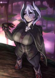 Rule 34 | 1girl, absurdres, albino, black eyes, blood, boots, breasts, cape, curvy, expressionless, female focus, formal, gloves, highres, large breasts, looking away, made in abyss, moving, multicolored hair, no pupils, ozen, pale skin, solo, suit, thick thighs, thighs, uniform, wide hips