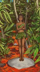 1girl absurdres baby bare_shoulders barefoot brown_hair commentary dark-skinned_female dark_skin english_commentary feet fire forest full_body highres holding_baby jungle lava leaf_bra leaf_skirt looking_at_viewer mossacannibalis nature navel outdoors pineapple_on_pizza rock short_hair spoilers standing straight-on tearing_up thighs toes