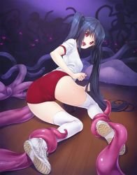 animated animated_gif black_hair buruma cum empty_eyes kneehighs panties panty_pull silhouette socks tentacles twintails underwear wacchi