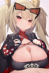 1boy 1girl black_gloves black_jacket black_shirt blonde_hair blush bouncing_breasts breasts burnice_white censored cisyo cleavage cleavage_cutout clothed_sex clothing_cutout cropped_jacket fingerless_gloves gloves hair_between_eyes hands_on_own_chest hands_up hetero highres jacket large_breasts long_hair long_sleeves looking_at_viewer motion_lines open_clothes open_jacket paizuri paizuri_under_clothes parted_lips penis pov red_eyes shirt solo_focus staring sunglasses twintails upper_body zenless_zone_zero