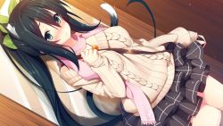 Rule 34 | 1girl, animal ears, aristear remain, astronauts, astronauts comet, black hair, black skirt, black thighhighs, blush, bow, cat ears, cat girl, cat tail, closed mouth, female focus, frills, game cg, green eyes, hair bow, hair ornament, himeno haruka, kokusan moyashi, long hair, long sleeves, looking at viewer, ponytail, rozea, scarf, shy, skirt, solo, tail, thighhighs, zettai ryouiki