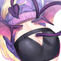 Rule 34 | 1girl, ass, ass cutout, back, black skirt, blonde hair, bucchake (asami), butt crack, clothing cutout, crop top, crop top overhang, cropped jacket, demon tail, demon wings, from behind, head out of frame, heart, heart tail, jacket, long hair, long sleeves, lower body, median furrow, midriff, miniskirt, original, ponytail, purple jacket, skirt, solo, tail, very long hair, wings