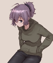 Rule 34 | 1girl, ahoge, alternate costume, aoba (kancolle), black pants, blue eyes, cowboy shot, denim, grey background, grey sweater, hands in pockets, highres, ikadamo, invisible chair, jeans, kantai collection, messy hair, pants, pink hair, ponytail, purple hair, scrunchie, short hair, simple background, sitting, solo, sweater