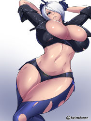 Rule 34 | 1girl, absurdres, angel (kof), belt, black gloves, blue eyes, breasts, commission, gloves, gradient background, grey background, highres, looking at viewer, looking down, navel, parted lips, shiva (tairakuten), short hair, silver hair, skeb commission, smile, snk, solo, the king of fighters, thighs, torn clothes, wide hips
