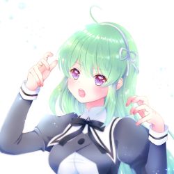 Rule 34 | 1girl, ahoge, arm up, assault lily, black ribbon, blush, bow hairband, breasts, buttons, claw pose, commentary request, cropped jacket, fingernails, green hair, hair between eyes, hair ribbon, hairband, hand up, highres, jewelry, juliet sleeves, light particles, long hair, long sleeves, looking at viewer, medium breasts, mizuha (dreamchild 0504), neck ribbon, open mouth, puffy sleeves, purple eyes, ribbon, ring, school uniform, shirt, simple background, solo, sparkle, tanaka ichi, teeth, upper body, upper teeth only, v-shaped eyebrows, white background, white hairband, white ribbon, white shirt, yurigaoka girls academy school uniform