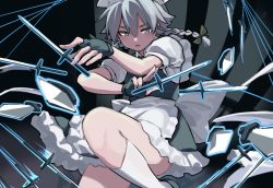 Rule 34 | 1girl, apron, back bow, blue eyes, blue skirt, blue vest, bow, braid, feet out of frame, fingerless gloves, frilled skirt, frills, gloves, grey hair, hair between eyes, highres, izayoi sakuya, kneehighs, knife, large bow, looking at viewer, maid headdress, medium hair, open mouth, puffy short sleeves, puffy sleeves, shirt, short sleeves, skirt, skirt set, socks, solo, touhou, touhou lost branch of legend, tuck (tuck23978434), twin braids, vest, waist apron, white apron, white bow, white shirt, white socks