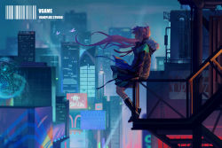 Rule 34 | 1girl, absurdres, barcode, billboard, black footwear, black jacket, boots, bug, butterfly, character request, cityscape, commentary, copyright name, floating hair, full body, highres, insect, jacket, long hair, long sleeves, mmmilk, night, outdoors, pleated skirt, ponytail, profile, purple butterfly, purple hair, sitting, skirt, solo, vgame