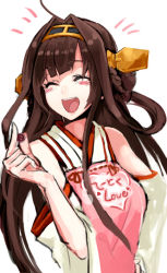 Rule 34 | 10s, 1girl, ahoge, bad id, bad pixiv id, blush stickers, brown hair, closed eyes, detached sleeves, hairband, japanese clothes, kantai collection, kongou (kancolle), long hair, nontraditional miko, open mouth, ruuto (sorufu), simple background, smile, solo, white background