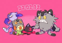Rule 34 | ^ ^, closed eyes, closed mouth, commentary request, creatures (company), dated, eyelashes, closed eyes, fang, frown, galarian form, galarian meowth, game freak, gen 7 pokemon, gen 8 pokemon, grookey, clothed pokemon, hemhemhoo, highres, hisuian sneasel, litten, lying, nintendo, no humans, on stomach, pink background, pokemon, pokemon (creature), red eyes, sharp teeth, sitting, smile, standing, teeth