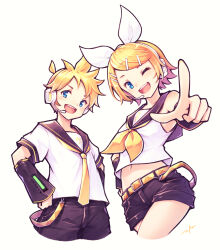 Rule 34 | 1boy, 1girl, :d, ;d, absurdres, belt, black shorts, blonde hair, blue eyes, bow, brother and sister, cropped legs, gogatsu no renkyuu, hair bow, hair ornament, hairclip, hand on own hip, headphones, headset, highres, kagamine len, kagamine rin, looking at viewer, midriff peek, neckerchief, necktie, one eye closed, open mouth, pointing, pointing at viewer, sailor collar, shirt, short hair, short shorts, short sleeves, shorts, siblings, simple background, sleeveless, sleeveless shirt, smile, twins, vocaloid, white background, white bow, white shirt, yellow neckerchief, yellow necktie