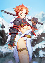 Rule 34 | 1girl, belt, breasts, female focus, female knight, flail, gauntlets, highres, knight, leather belt, looking at viewer, matching hair/eyes, no bra, no panties, orange eyes, orange hair, original, over shoulder, pauldrons, pelt, revealing clothes, short hair, shoulder armor, sivacat, snow, solo, thigh strap, underboob, weapon, weapon over shoulder, winter