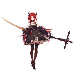 Rule 34 | 1girl, arknights, ask (askzy), bare shoulders, black dress, black footwear, black thighhighs, breasts, cleavage, dress, full body, hair between eyes, highres, holding, holding sword, holding weapon, horns, long hair, long sleeves, looking at viewer, medium breasts, off shoulder, official art, purple eyes, red hair, shoes, short dress, solo, standing, surtr (arknights), sword, thigh strap, thighhighs, transparent background, very long hair, weapon