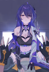 1boy 1girl absurdres acheron_(honkai:_star_rail) black_choker black_gloves breasts caelus_(honkai:_star_rail) chain chain_around_arm choker cleavage gloves hair_over_one_eye highres honkai:_star_rail honkai_(series) leg_tattoo pov single_bare_shoulder single_wide_sleeve suzubotan tattoo trailblazer_(honkai:_star_rail)