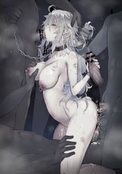 Rule 34 | 1girl, 5boys, ahoge, anal, armpit hair, bar censor, black collar, body writing, breasts, bruise, censored, chain, chain leash, collar, collarbone, commentary request, completely nude, cowgirl position, crying, cum, cum in mouth, cum on body, cum on breasts, cum on upper body, double handjob, double penetration, ejaculation, eyebrows, fellatio, from side, girl on top, grabbing, grabbing another&#039;s breast, grabbing another&#039;s hair, group sex, half-closed eyes, hand on another&#039;s head, handjob, hetero, highres, injury, large breasts, leash, long hair, multiple boys, needle mark, nipple piercing, nude, oral, original, cum overflow, penis, piercing, profile, rape, restrained, sex, sex from behind, slave, solo focus, straddling, sweat, tally, tears, tongue, tongue out, toruneko, triple penetration, vaginal, white hair