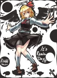 Rule 34 | 1girl, 2013, anniversary, ascot, black skirt, black vest, black wings, blonde hair, blush, brown footwear, collared shirt, cross, darkness, dated, english text, full body, hair ribbon, halo, highres, knees together feet apart, long sleeves, looking at viewer, outstretched arms, red eyes, red ribbon, ribbon, rumia, ryuuno stadtfeld, shirt, shoes, short hair, signature, skirt, skirt set, smile, socks, solo, spread arms, touhou, vest, white shirt, white socks, wing collar, wings