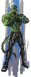 Rule 34 | 1boy, abs, absurdres, arm tattoo, bara, beard, black pants, broken horn, bulge, colored skin, dopey (dopq), dragon boy, dragon horns, dragon tail, facial hair, fangs, fist in hand, full body, glowing, glowing eyes, green skin, highres, horns, latex pants, looking at viewer, male focus, mature male, mohawk, monster boy, muscular, muscular male, mustache, navel, nose piercing, nose ring, orc, original, own hands together, pants, piercing, pointy ears, shiny clothes, short hair, solo, stomach, tail, tattoo, thick eyebrows, topless male