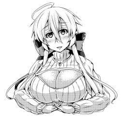 Rule 34 | 1girl, ahoge, blush, breasts, cleavage, cleavage cutout, clothing cutout, female focus, greyscale, highres, large breasts, long hair, looking at viewer, meme attire, misakana, monochrome, open-chest sweater, ponytail, ribbed sweater, solo, sweater, turtleneck, very long hair, vocaloid, yowane haku