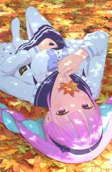 Rule 34 | 1girl, absurdres, ahoge, autumn leaves, blue hair, blue headband, blue nails, blue sailor collar, blue skirt, breasts, cleavage, colored inner hair, frilled sailor collar, frills, headband, highres, holding, holding leaf, hololive, large breasts, leaf, long hair, long sleeves, looking at viewer, minato aqua, minato aqua (sailor), multicolored hair, nail polish, nakop98, official alternate costume, panties, pink hair, purple eyes, sailor collar, shirt, skirt, solo, twintails, two-tone hair, underwear, virtual youtuber, white panties, white shirt