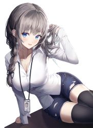 Rule 34 | 1girl, absurdres, adjusting hair, black thighhighs, blue eyes, blush, braid, braided ponytail, breasts, cleavage, collarbone, commentary, denim, denim shorts, dress shirt, english commentary, grey hair, hand up, highres, id card, lanyard, long hair, long sleeves, looking at viewer, office lady, original, parted lips, seero, shirt, shorts, simple background, sitting, sitting on table, smile, solo, table, thighhighs, twintails, white background, white shirt, zettai ryouiki