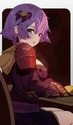 Rule 34 | 1girl, bernadetta von varley, blush, bow, breasts, chair, commentary, desk, earrings, english commentary, fire emblem, fire emblem: three houses, gbbgb321, grey eyes, hair bow, highres, hood, jewelry, long sleeves, looking at viewer, medium breasts, nintendo, official alternate costume, official alternate hair length, official alternate hairstyle, open mouth, purple hair, short hair, shoulder pads, sitting, thighs