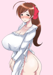 Rule 34 | 10s, 1girl, apron, ass, blush, breasts, brown hair, covered erect nipples, female focus, hair ornament, housewife, huge breasts, kaneda (aqid), kantai collection, long hair, mamiya (kancolle), mature female, naked apron, simple background, solo, standing