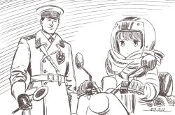 Rule 34 | 1boy, 1girl, brown theme, closed eyes, closed mouth, coat, dated, gloves, helmet, horikou, jacket, jitome, manly, military, military jacket, military uniform, monochrome, motor vehicle, motorcycle helmet, real life, scarf, scooter, shima rin, signature, smile, soldier, soviet, uniform, yurucamp
