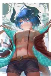 Rule 34 | 1girl, :&lt;, belt, birry, black jacket, blue eyes, blue hair, breasts, closed mouth, commentary request, copyright request, cowboy shot, crop top, denim, denim shorts, from below, glowing, glowing eyes, hair between eyes, highres, horns, jacket, looking at viewer, medium breasts, midriff, navel, open clothes, open jacket, short hair, shorts, solo, standing, suspenders, tail, tank top, torn clothes, zipper