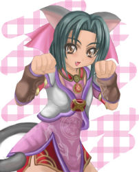 Rule 34 | 1041 (toshikazu), 1girl, animal ears, bow, brown eyes, cat ears, fang, green hair, hair bow, looking at viewer, paw pose, solo, soul calibur, soulcalibur ii, standing, tail, talim
