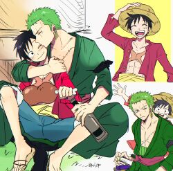 Rule 34 | 2boys, absurdres, arms around neck, bandana, bandana around arm, black bandana, black eyes, black hair, blue shorts, boned meat, closed eyes, couple, cowboy shot, earrings, facial scar, feet out of frame, flip-flops, food, green hair, haramaki, hat, highres, holding, holding food, jewelry, kiss, kissing forehead, leaning on person, long sleeves, male focus, meat, monkey d. luffy, multiple boys, multiple views, one eye closed, one piece, open clothes, open shirt, pectoral cleavage, pectorals, red shirt, roronoa zoro, sandals, sash, scar, scar across eye, scar on cheek, scar on chest, scar on face, shirt, short hair, shorts, sideburns, single earring, sitting, smile, straw hat, yaoi, yayoi (yyi op), yellow sash