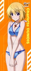 Rule 34 | 10s, 1girl, absurdres, bikini, blonde hair, blue bikini, blue eyes, breasts, breasts squeezed together, character name, charlotte dunois, cleavage, copyright name, cowboy shot, crossed arms, hair between eyes, hair ribbon, halterneck, highres, hip focus, infinite stratos, infinite stratos 2, jewelry, light smile, long hair, low ponytail, narrow waist, navel, necklace, official art, orange background, own hands together, peaked eyebrows, pendant, ponytail, purple eyes, raised eyebrows, ribbon, scan, smile, standing, swimsuit, thigh gap, v arms