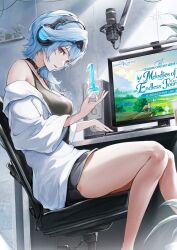 Rule 34 | 1girl, alternate costume, baggy clothes, black choker, black hairband, black shorts, black tank top, blue hair, breasts, casual, chair, choker, computer, eula (genshin impact), feet out of frame, genshin impact, hairband, head down, headphones, highres, holding, indoors, looking at viewer, looking to the side, marumoru, medium breasts, medium hair, microphone, microphone stand, monitor, off shoulder, office chair, on chair, open mouth, purple eyes, shirt, shorts, sitting, solo, speaker, sunlight, swivel chair, tank top, white shirt