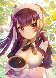 Rule 34 | 1girl, alternate costume, apple caramel, black ribbon, breasts, cleavage, closed mouth, coffee, creamer packet, cup, enmaided, food, fruit, girls&#039; frontline, highres, holding, holding cup, lemon, long hair, looking at viewer, maid, maid headdress, medium breasts, neck ribbon, photoshop (medium), purple hair, red eyes, revision, ribbon, saucer, smile, solo, spoon, upper body, wa2000 (girls&#039; frontline), water drop, white background