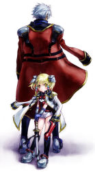 Rule 34 | 1boy, 1girl, age difference, back-to-back, banpresto, belt, blonde hair, cape, epaulettes, full body, height difference, irui guneden, jacket, long sleeves, looking at viewer, military, military uniform, nakamura kanko, open clothes, open jacket, sanger zonvolt, shoulder pads, silver hair, simple background, standing, super robot wars, uniform, white background