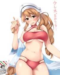Rule 34 | 10s, 3girls, bikini, blonde hair, breasts, brown eyes, food, girls und panzer, hat, ice cream, ice cream cone, italia (kancolle), kantai collection, large breasts, littorio (kancolle), looking at viewer, multiple girls, nksk, pepperoni (girls und panzer), sweat, swimsuit, towel, translated