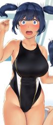 Rule 34 | 2girls, alternate costume, arm up, black one-piece swimsuit, blue eyes, blue hair, blurry, blush, breasts, collarbone, competition swimsuit, cowboy shot, depth of field, hair up, highres, indoors, kantai collection, large breasts, legs together, long hair, looking at viewer, multicolored clothes, multicolored swimsuit, multiple girls, one-piece swimsuit, open mouth, rei no pool, skindentation, solo focus, souryuu (kancolle), standing, surprised, swimsuit, thighs, twintails, upper body, wa (genryusui), wide-eyed