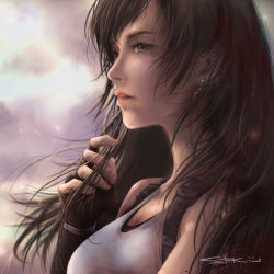 Rule 34 | 1girl, black gloves, brown eyes, brown hair, cloud, cloudy sky, earrings, final fantasy, final fantasy vii, final fantasy vii remake, fingerless gloves, from side, gloves, hand in own hair, highres, holding, holding own hair, jewelry, kirin 13, long hair, open mouth, shirt, signature, sky, sleeveless, sleeveless shirt, solo, square enix, straight hair, swept bangs, tifa lockhart, upper body, white shirt
