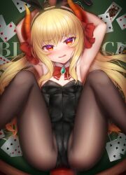 Rule 34 | 1girl, alternate costume, animal ears, armpits, arms up, awai flavia, awai shiro, blush, breasts, commentary request, demon horns, fake animal ears, hair ornament, headband, heavy breathing, highres, horns, indie virtual youtuber, leotard, long hair, looking at viewer, open mouth, pantyhose, playboy bunny, pov, red eyes, small breasts, solo, spread legs, steaming body, tail, virtual youtuber