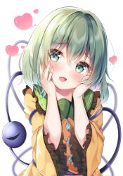 Rule 34 | 1girl, commentary request, green eyes, green hair, hands on own face, heart, highres, komeiji koishi, long sleeves, looking at viewer, no headwear, open mouth, shirotsuki shirone, shirt, short hair, simple background, smile, solo, third eye, touhou, upper body, white background, wide sleeves, yellow shirt