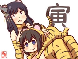 Rule 34 | 2girls, :3, aged down, ahoge, alternate costume, animal costume, animal ears, animal print, artist logo, black hair, blue eyes, breasts, brown hair, chinese zodiac, collarbone, commentary request, dated, detached sleeves, hair ornament, kanon (kurogane knights), kantai collection, large breasts, light blush, multiple girls, one-hour drawing challenge, open mouth, red eyes, shigure (kancolle), short hair, smile, tail, thighhighs, tiger costume, tiger ears, tiger print, tiger tail, yamashiro (kancolle), year of the tiger