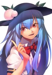Rule 34 | 1girl, blue hair, blush, bow, bowtie, food, fruit, hat, hinanawi tenshi, kaiza (rider000), leaf, long hair, looking at viewer, open mouth, peach, puffy sleeves, red eyes, short sleeves, simple background, smile, solo, touhou, upper body, white background